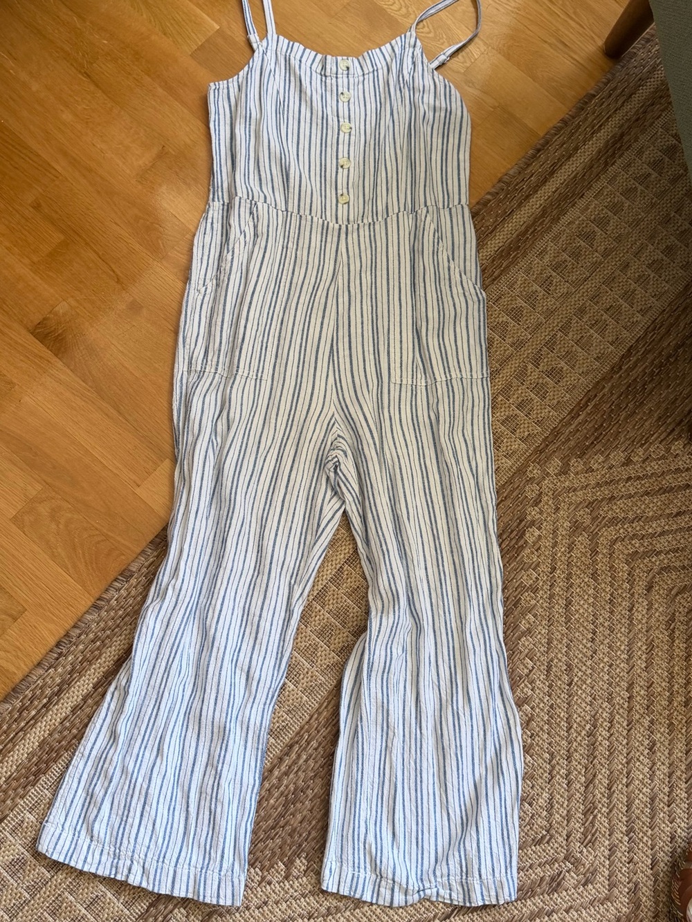 Old Navy Blue and White Striped Linen-Blend Jumpsuit
